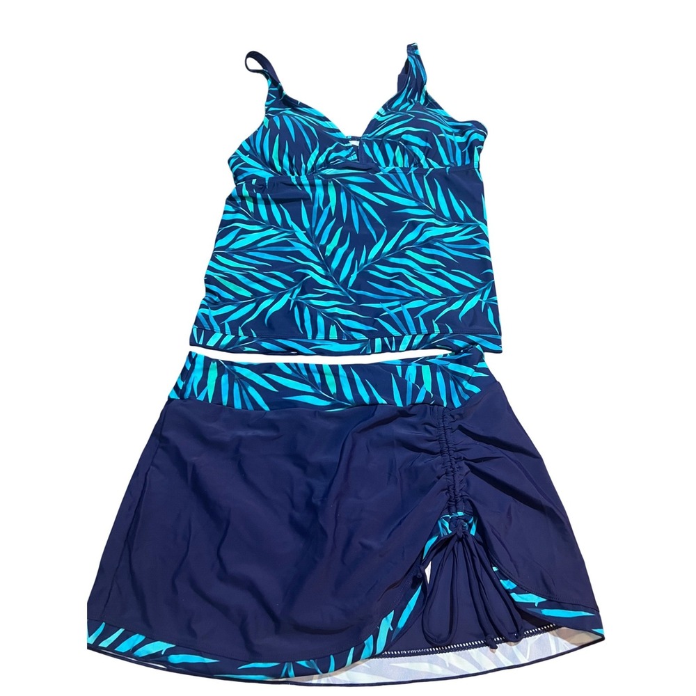 Rekita Womens Tropical Palm Leaf Tankini Set Navy Teal Swim Skirt Medium NEW